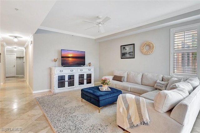 living room featuring light tile patterned floors, ceiling fan, and ornamental molding