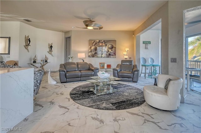 living room with ceiling fan