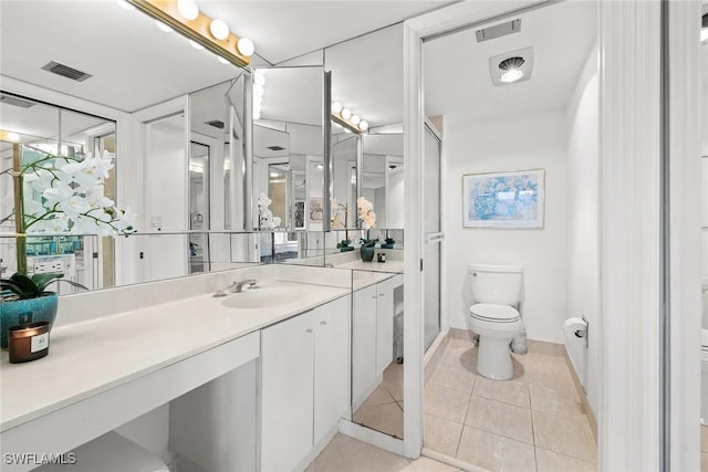 full bathroom with tile patterned flooring, toilet, vanity, and visible vents