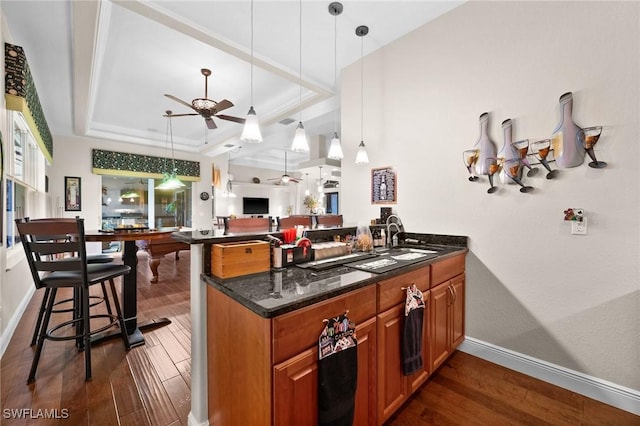 kitchen featuring a peninsula, dark wood-style floors, a tray ceiling, and brown cabinets