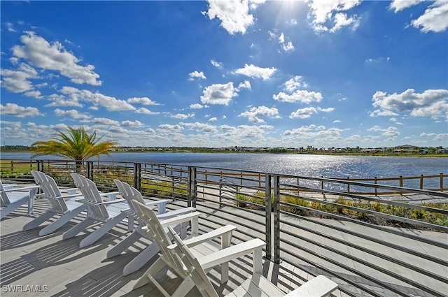 exterior space with a water view