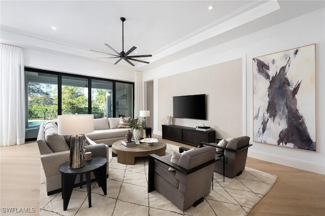 6705 Newport Rd, Naples, FL 34109 - living area featuring light wood finished floors, recessed lighting, a ceiling fan, ornamental molding, and baseboards