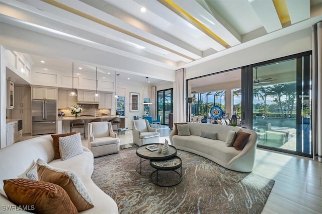 living room featuring ceiling fan