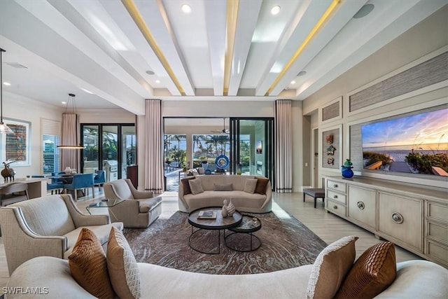 living room with light hardwood / wood-style floors and beamed ceiling