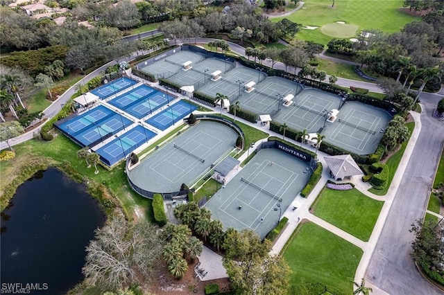 drone / aerial view with a water view