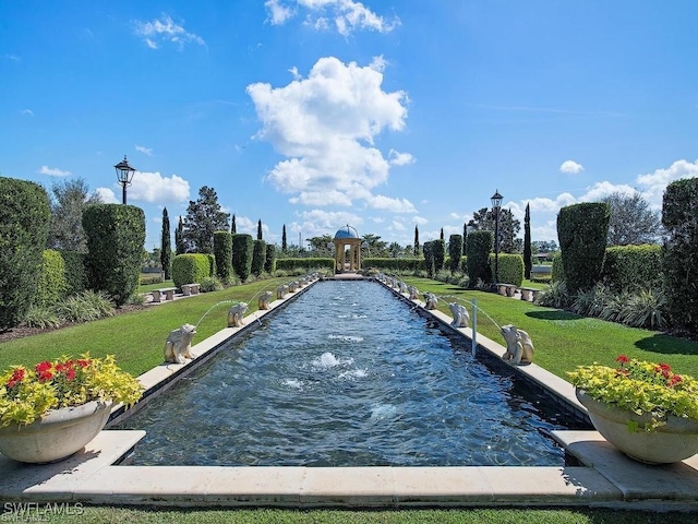 view of property's community with a lawn