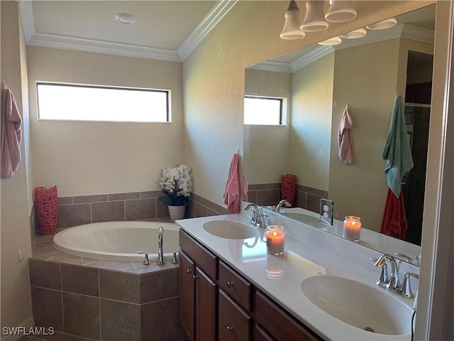 bathroom featuring vanity, a relaxing tiled tub, and crown molding