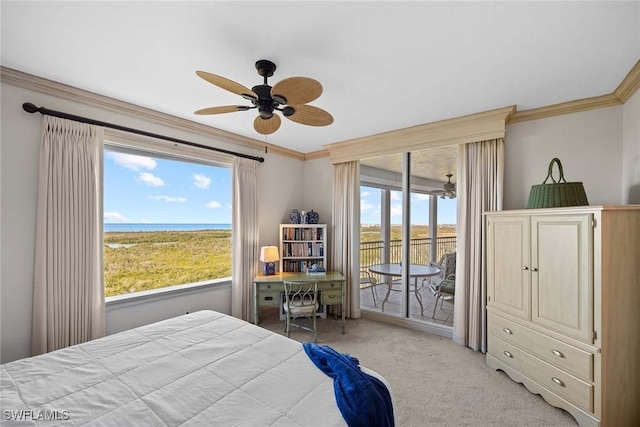 carpeted bedroom featuring access to exterior, ceiling fan, crown molding, and a water view