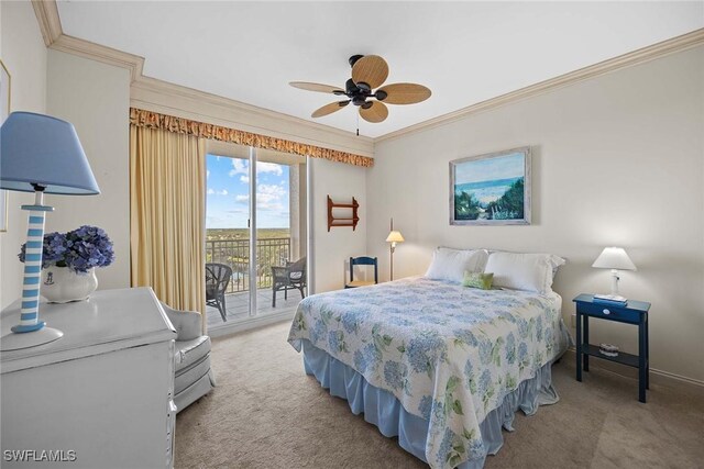 bedroom featuring carpet flooring, ceiling fan, access to exterior, and crown molding