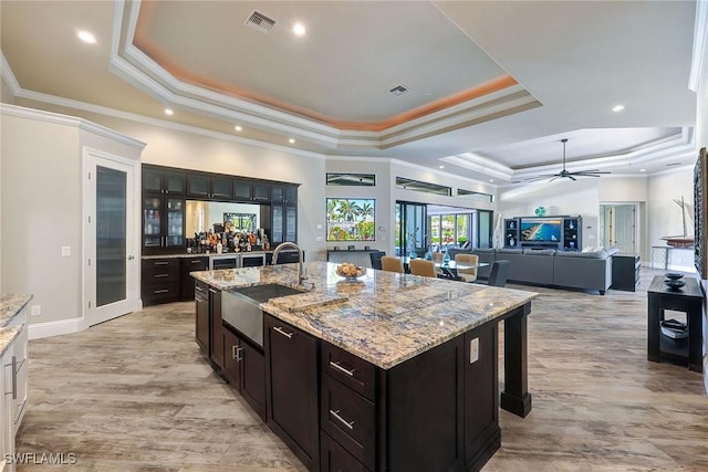 kitchen featuring a raised ceiling, crown molding, sink, and a center island with sink