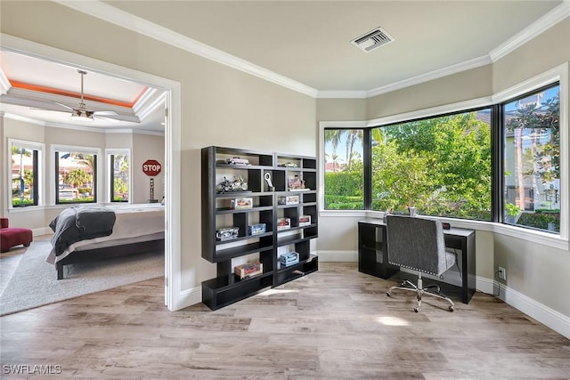 home office with ceiling fan, crown molding, and light hardwood / wood-style flooring