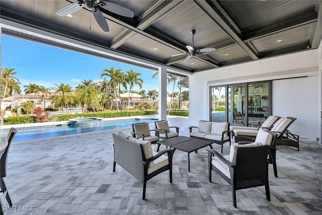 view of patio featuring an outdoor living space, ceiling fan, and a pool with hot tub