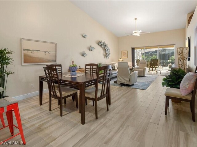 dining space featuring ceiling fan and light hardwood / wood-style flooring