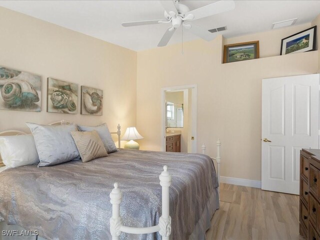 bedroom featuring ceiling fan, ensuite bathroom, and light hardwood / wood-style floors