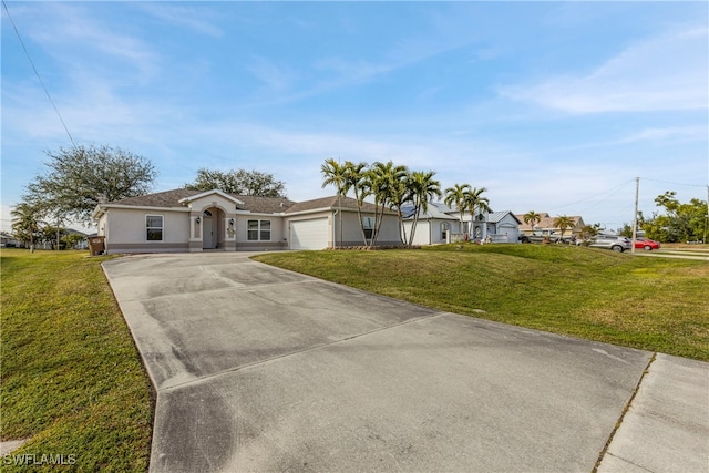 single story home with a garage and a front lawn