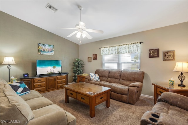 carpeted living room with lofted ceiling and ceiling fan