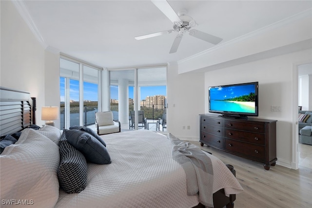 bedroom featuring crown molding, ceiling fan, access to exterior, and light hardwood / wood-style floors