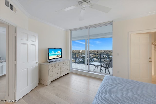 bedroom featuring access to outside, ornamental molding, ceiling fan, and light wood-type flooring