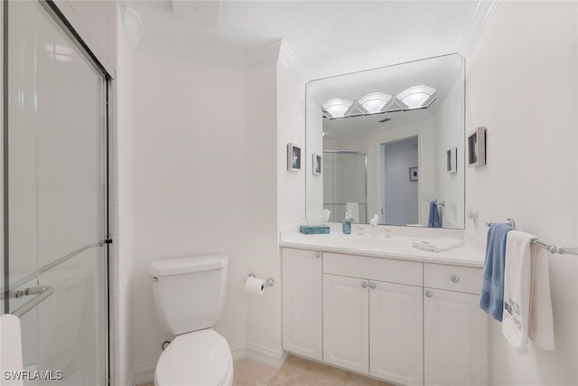 bathroom with crown molding, walk in shower, vanity, and toilet