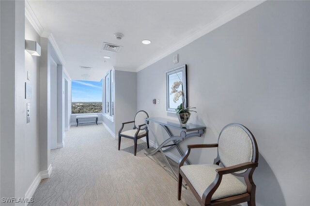 interior space featuring light colored carpet and ornamental molding