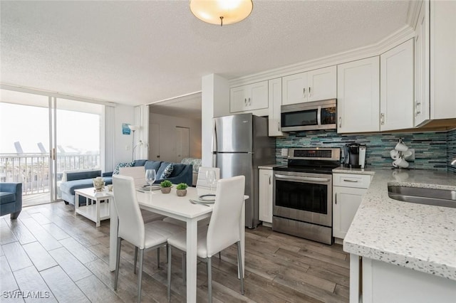 kitchen with sink, white cabinetry, expansive windows, backsplash, and appliances with stainless steel finishes