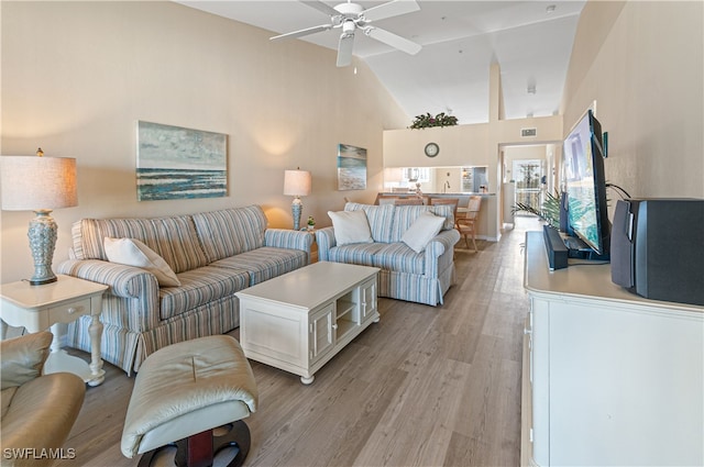 living room featuring ceiling fan, light wood-type flooring, and high vaulted ceiling