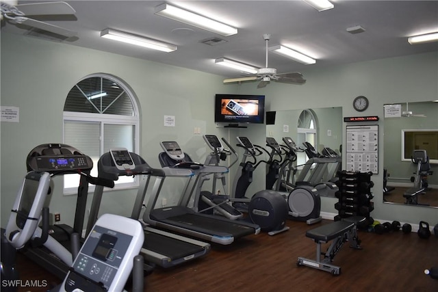 exercise room with wood-type flooring and ceiling fan