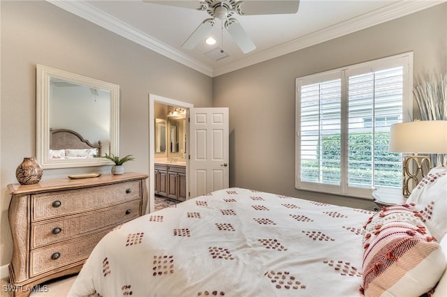 bedroom with ceiling fan, ensuite bathroom, and crown molding