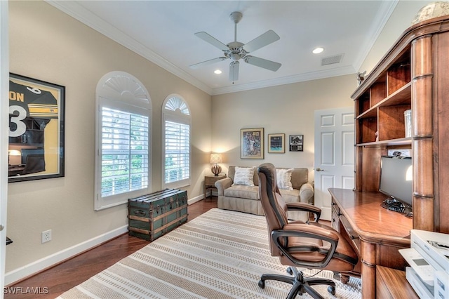 office featuring ornamental molding, ceiling fan, and dark hardwood / wood-style floors