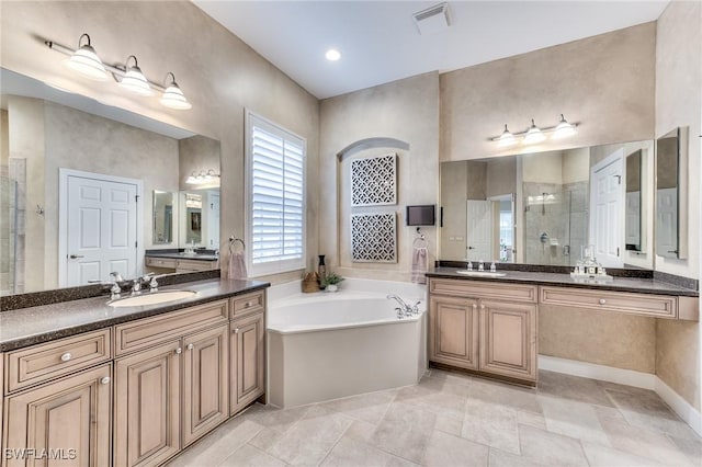 bathroom with vanity and plus walk in shower