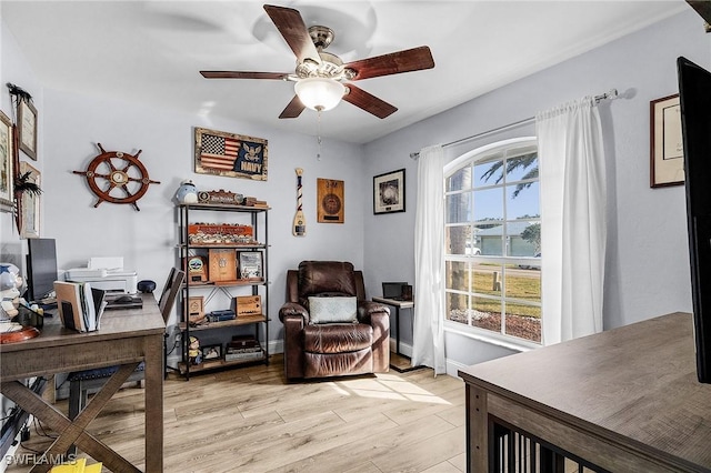 office space with ceiling fan and light hardwood / wood-style floors