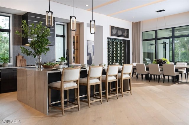 bar featuring pendant lighting and light wood-type flooring