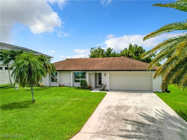 single story home with a garage and a front yard