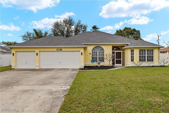 ranch-style home featuring a front lawn and a garage