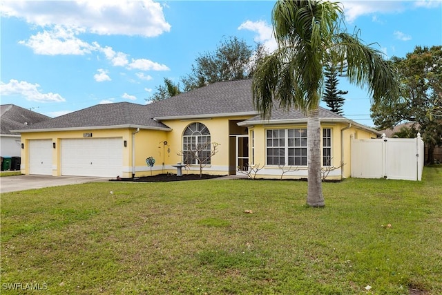 single story home with a front lawn and a garage