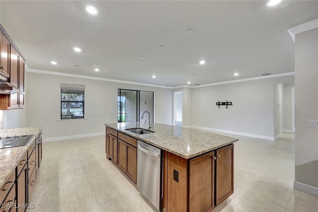 kitchen featuring dishwasher, an island with sink, black electric cooktop, light stone counters, and sink