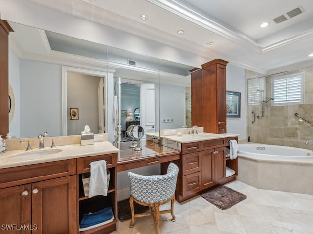 bathroom featuring a raised ceiling, separate shower and tub, crown molding, and vanity