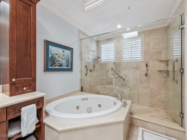 bathroom featuring shower with separate bathtub, vanity, and crown molding