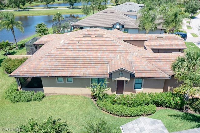 drone / aerial view featuring a water view