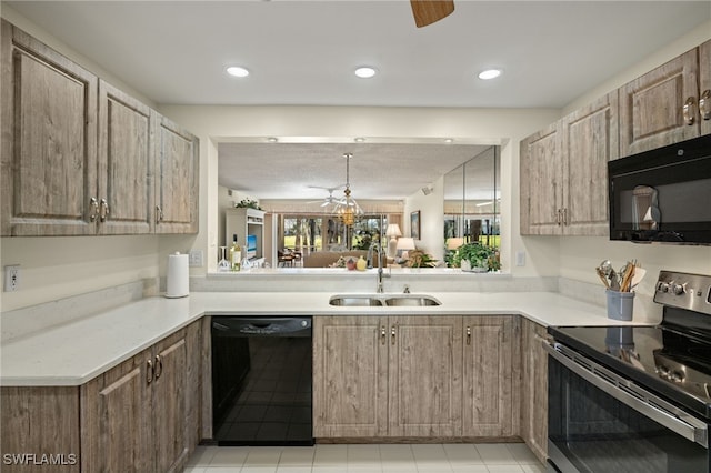 kitchen featuring sink, ceiling fan, and black appliances