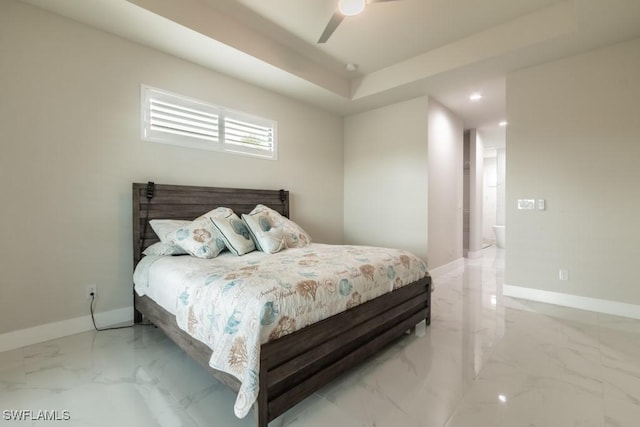 bedroom with marble finish floor, baseboards, a ceiling fan, and recessed lighting