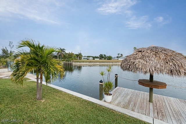 dock area with a water view and a yard