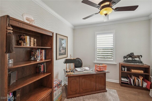 office space with ornamental molding, ceiling fan, and light hardwood / wood-style flooring