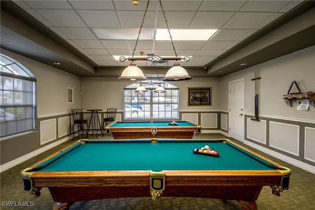 game room featuring carpet flooring, a raised ceiling, a drop ceiling, and pool table