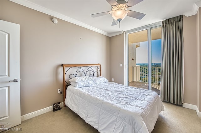 carpeted bedroom with ceiling fan, ornamental molding, and access to outside