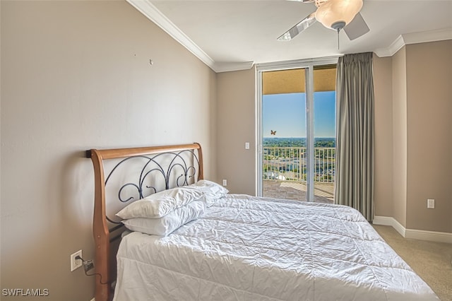 bedroom featuring carpet flooring, access to exterior, ceiling fan, and crown molding