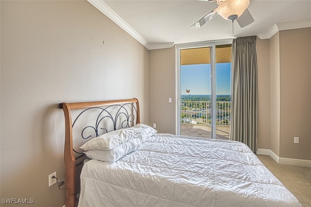 bedroom featuring carpet flooring, ceiling fan, access to exterior, baseboards, and ornamental molding