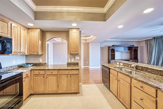 kitchen featuring sink, a tray ceiling, crown molding, and black appliances