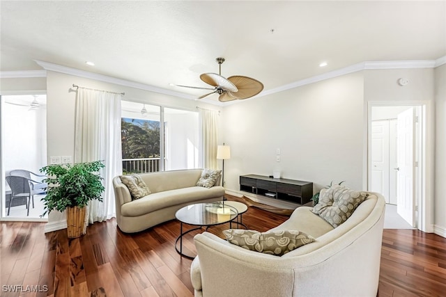 living room featuring ceiling fan, crown molding, and dark wood-type flooring