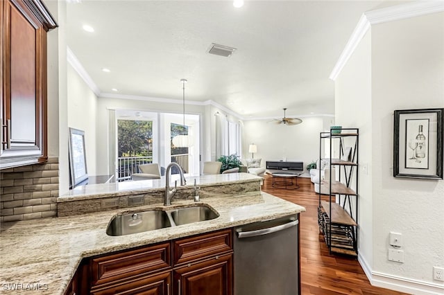 kitchen featuring ceiling fan, sink, stainless steel dishwasher, and ornamental molding